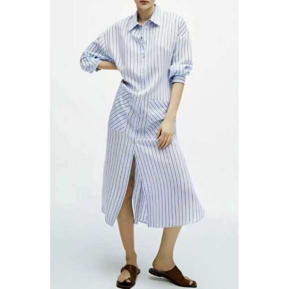 Zara Long Sleeves Oversized Shirt Midi Dress Tie Belt XS Lagenlook Blue Striped - Picture 3 of 15